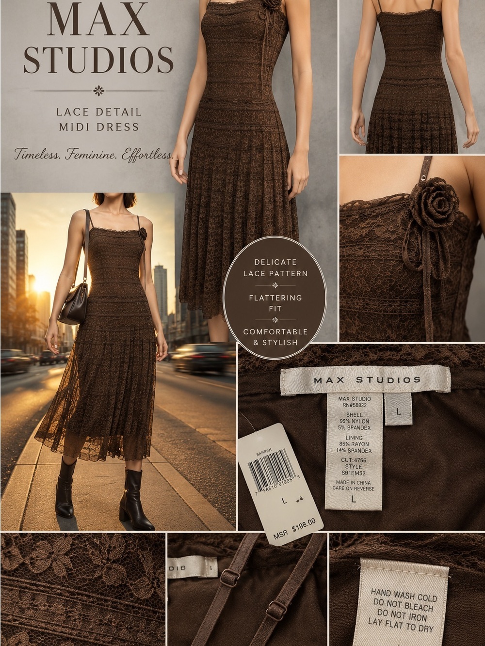 MAX STUDIO Brown Lace Midi Dress Floral Rosette Adjustable Straps Size Large NWT